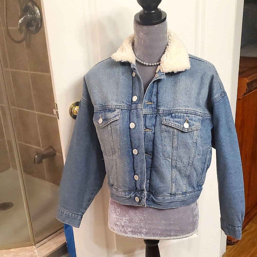 Denim Jacket with Faux Shearling Collar